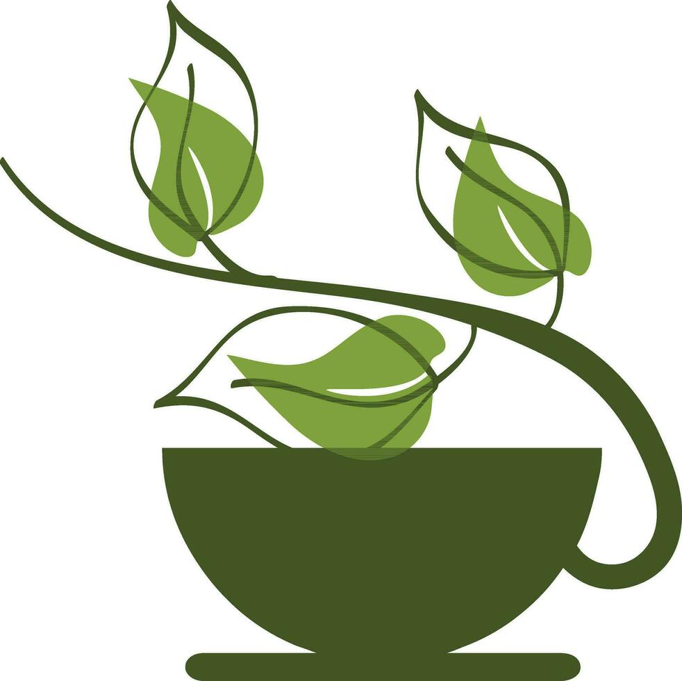 Tea cup with leaves in green color. vector