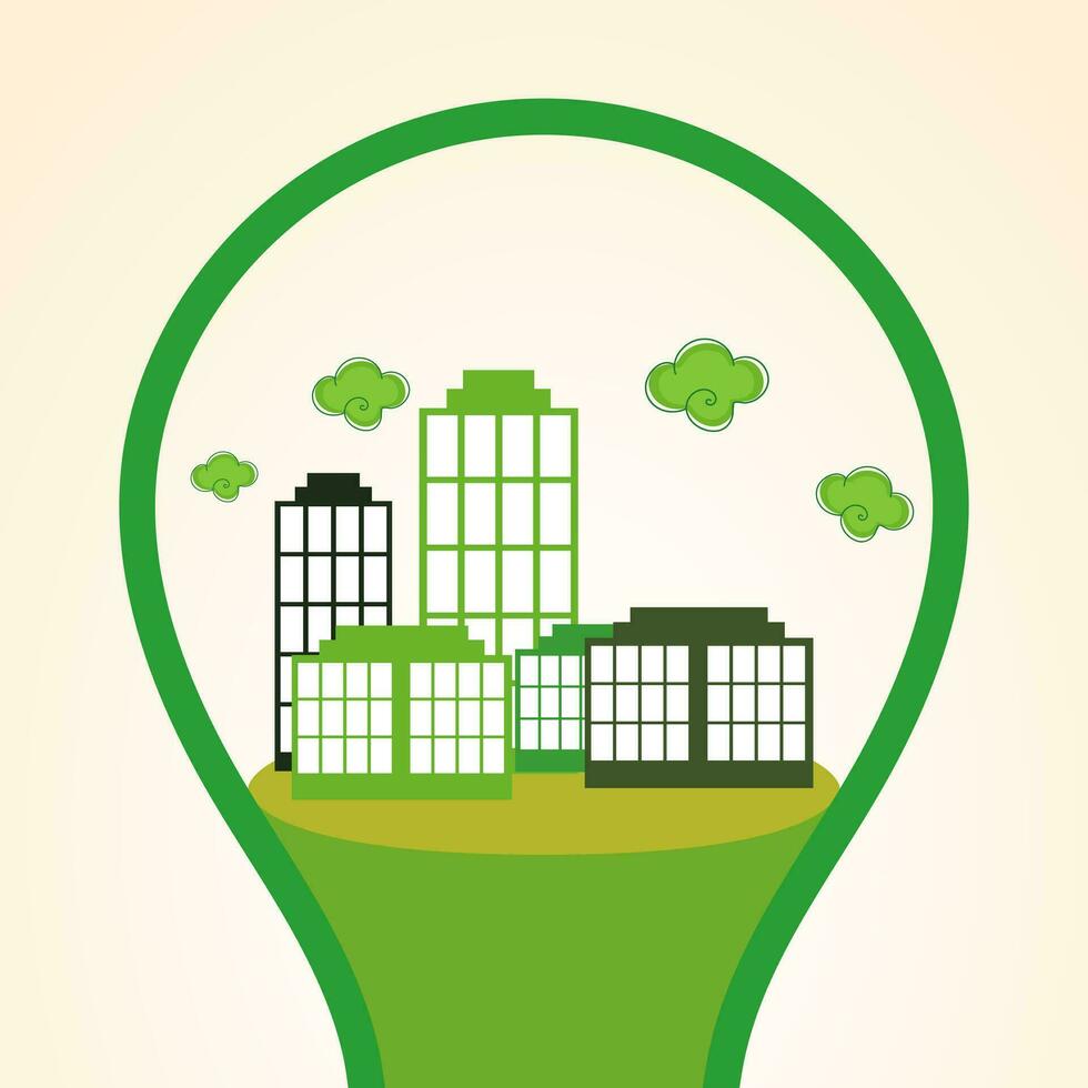 Green city in light bulb for Ecology concept. vector