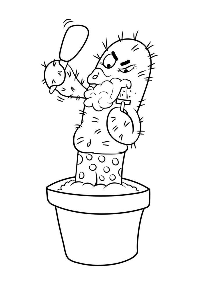 linda gracioso cactus vector ilustración en dibujos animados estilo. mano dibujado cactus ilustración con gracioso cara en maceta. bosquejo de afeitado cactus. lata ser usado para colorante libro