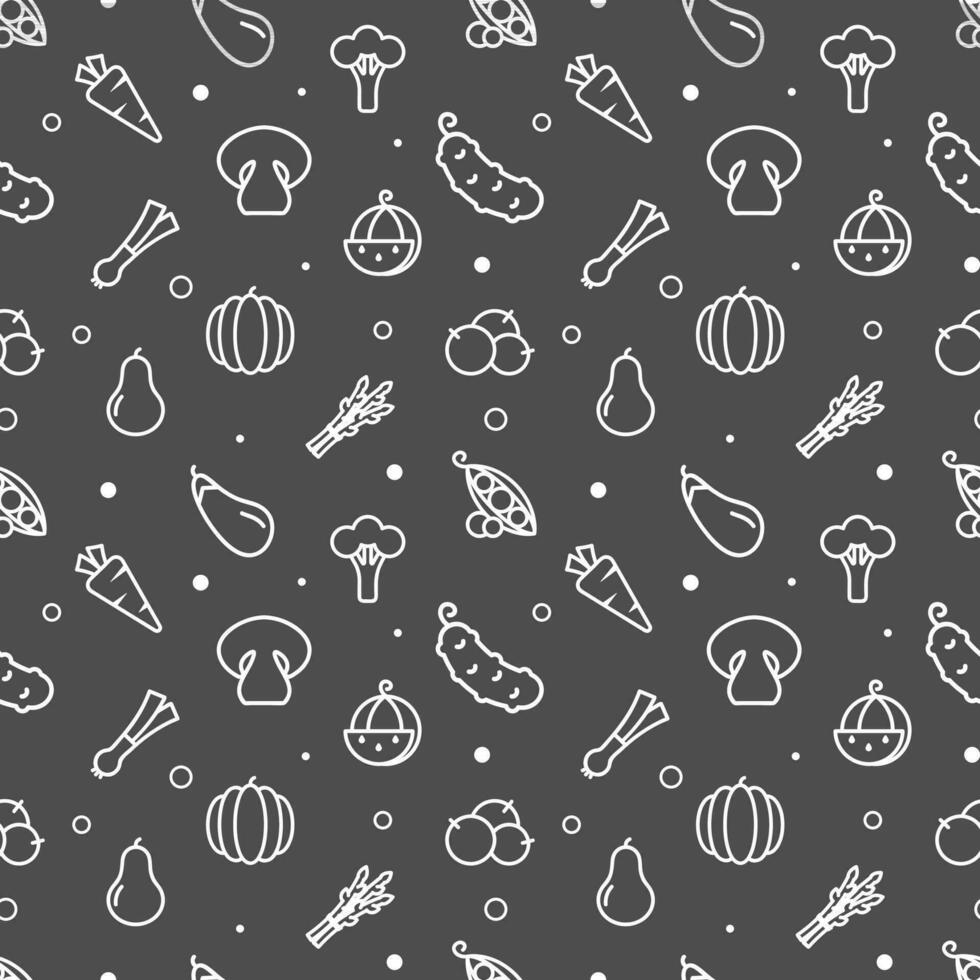 Seamless pattern, web banner with healthly food elements, Various Groceries. Blueberry Green Pea Carrot Cucumber Pear Watermelon Pumpkin Asparagus Mushroom Leek Eggplant Broccoli vector