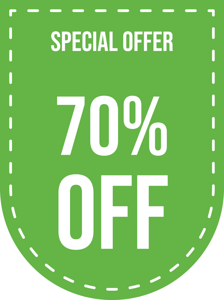 Special offer and seventy percent discount tag with green color. Big sale special offers and discount labels. png