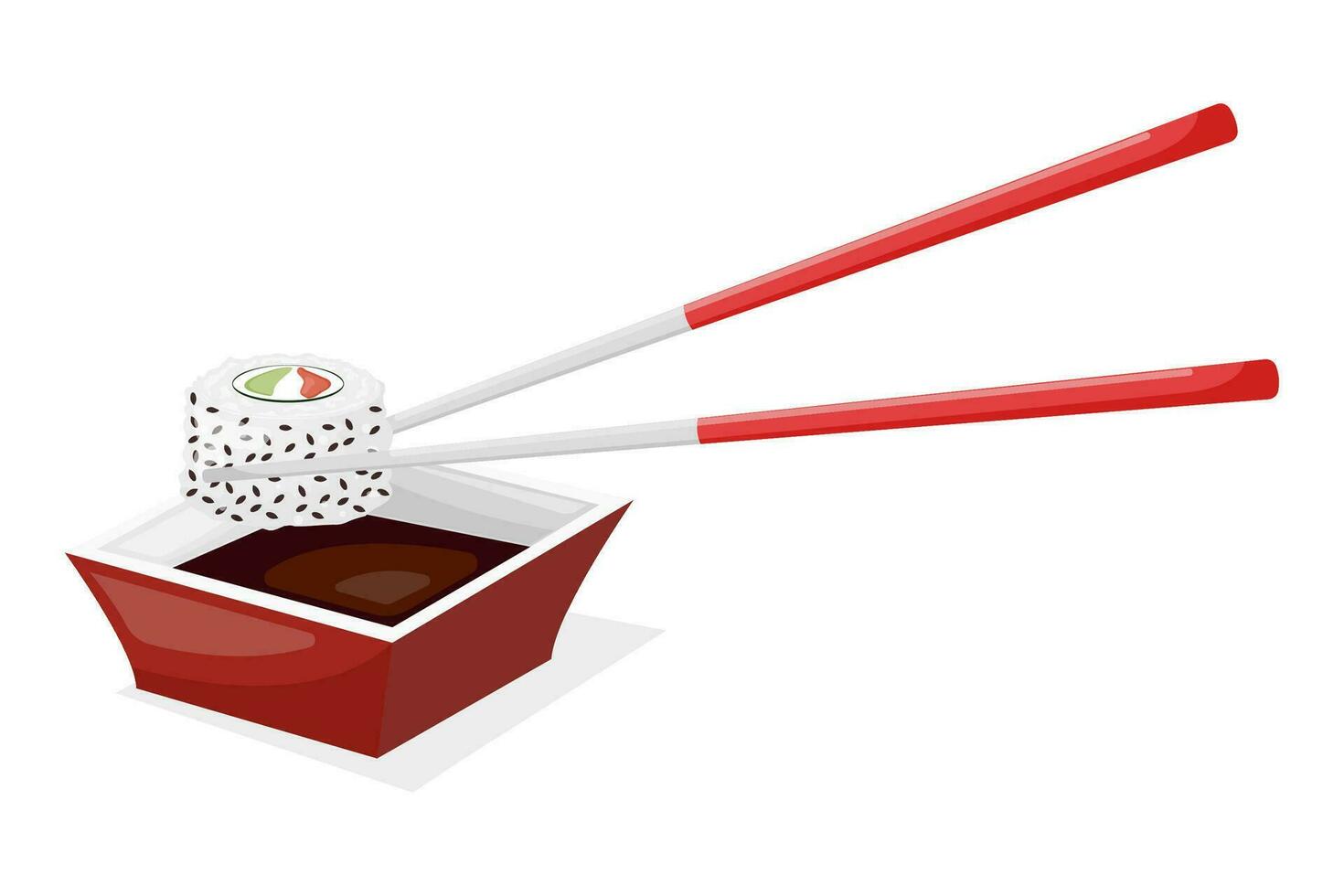 Vector flat cartoon illustration of sushi and sauce bowl.