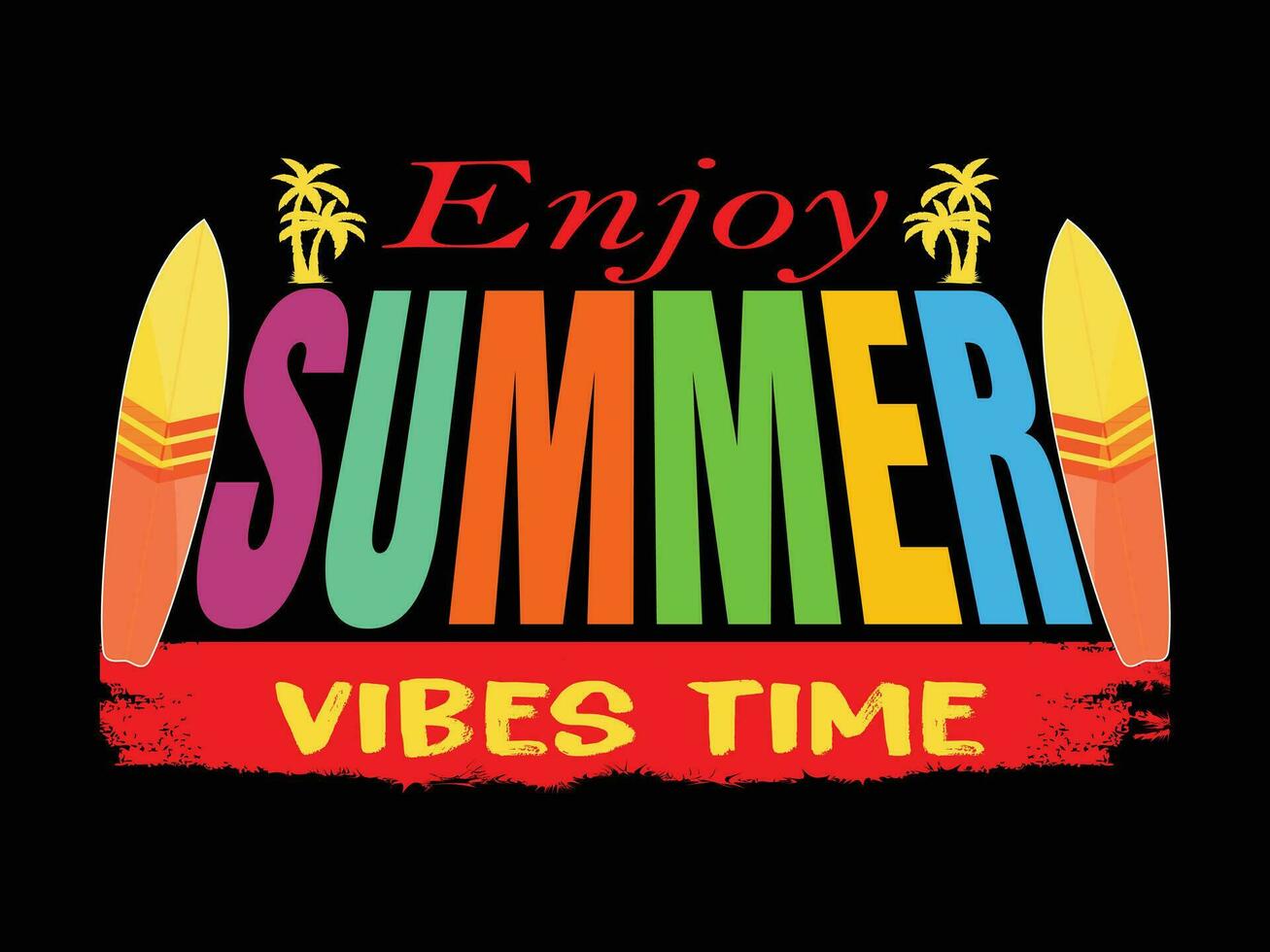 Enjoy Summer Vacations T-shirt Design Vector Illustration and apparel vector design, print, typography, poster, emblem with palm trees. With Surfing Man, Vector Print Design Artwork, Summer T-shirt