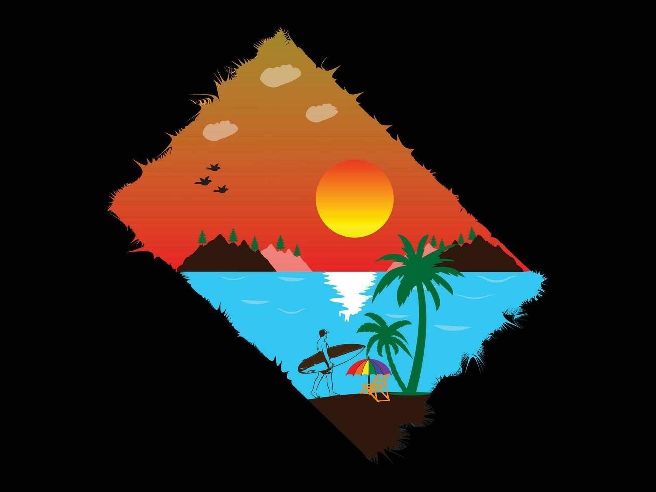 Enjoy Summer Vacations T-shirt Design Vector Illustration and apparel vector design, print, typography, poster, emblem with palm trees. With Surfing Man, Vector Print Design Artwork, Summer T-shirt