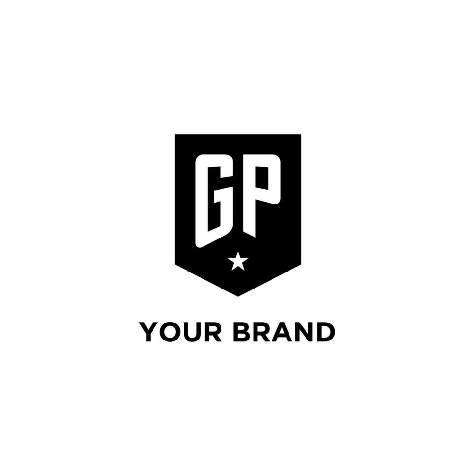 GP monogram initial logo with geometric shield and star icon design style vector