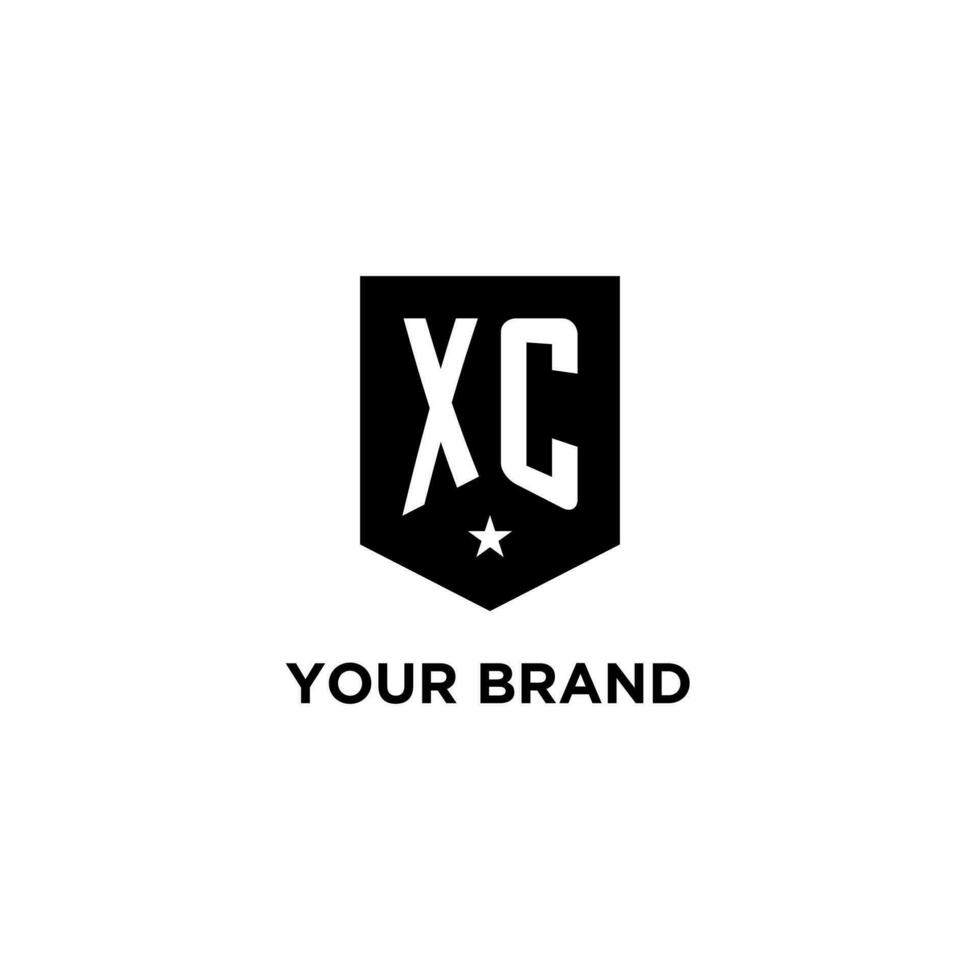 XC monogram initial logo with geometric shield and star icon design style vector