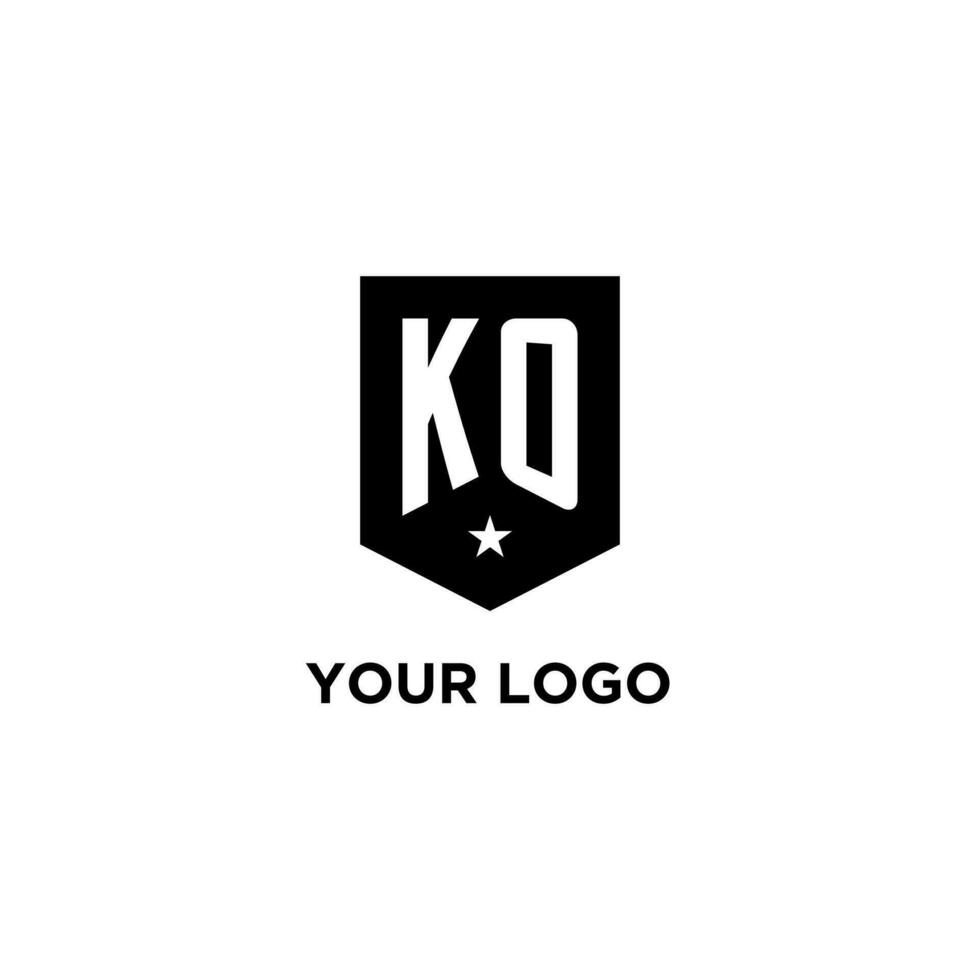 KO monogram initial logo with geometric shield and star icon design style vector