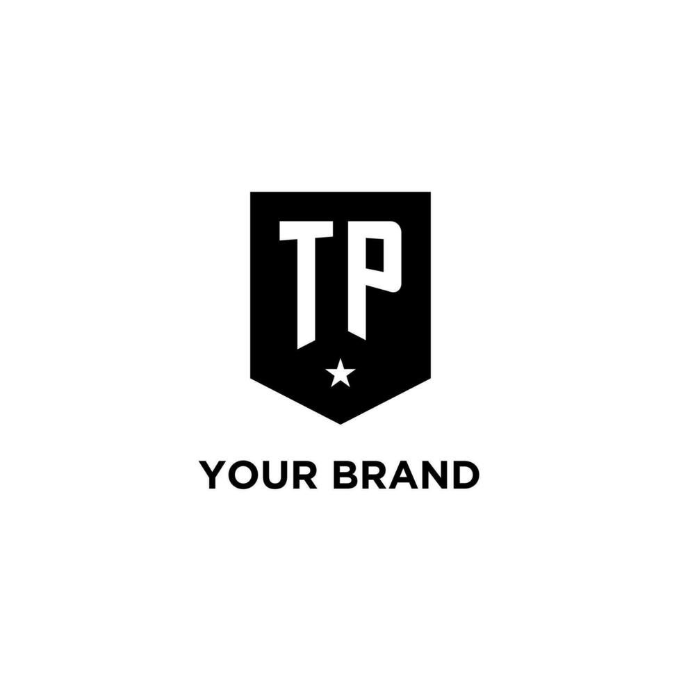 TP monogram initial logo with geometric shield and star icon design style vector
