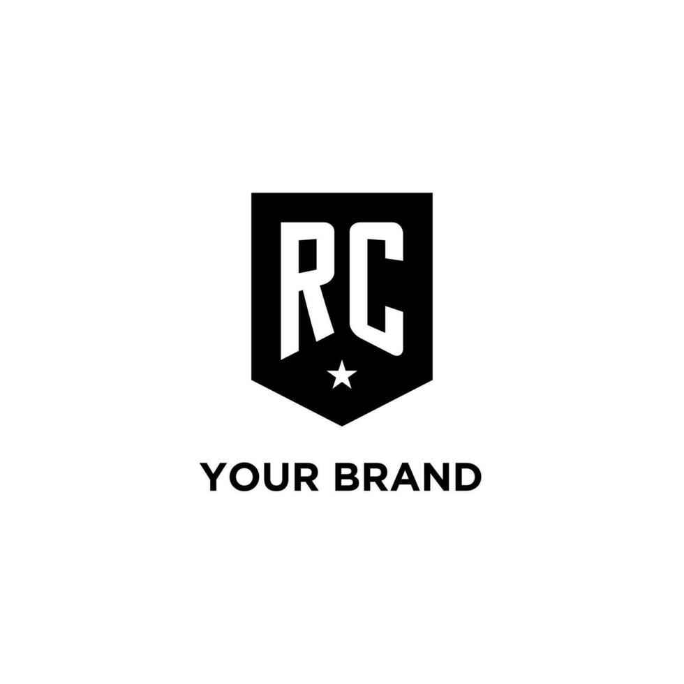 RC monogram initial logo with geometric shield and star icon design style vector