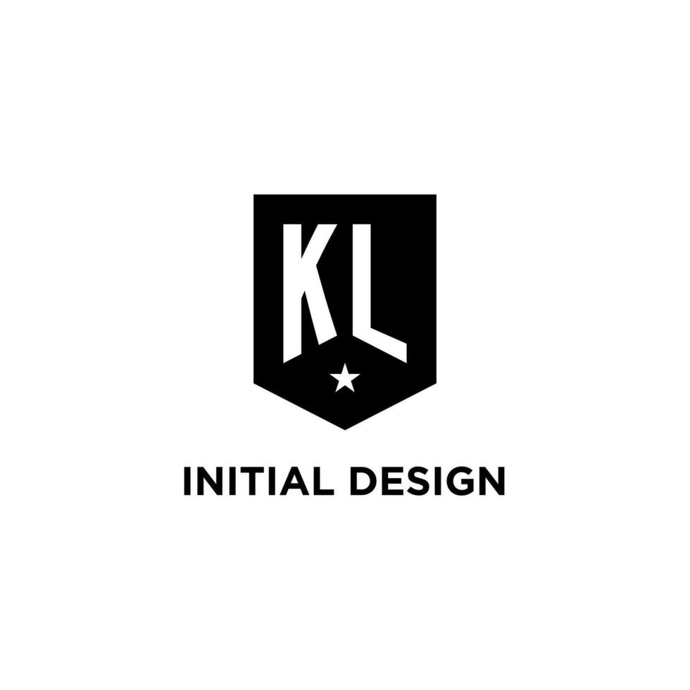 KL monogram initial logo with geometric shield and star icon design style vector