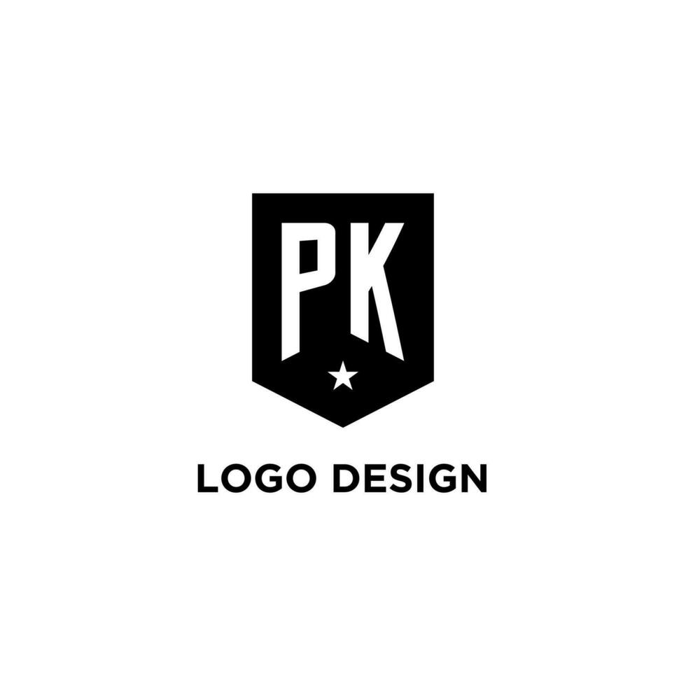 PK monogram initial logo with geometric shield and star icon design style vector