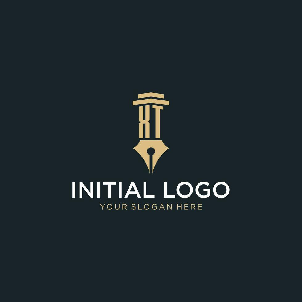XT monogram initial logo with fountain pen and pillar style vector