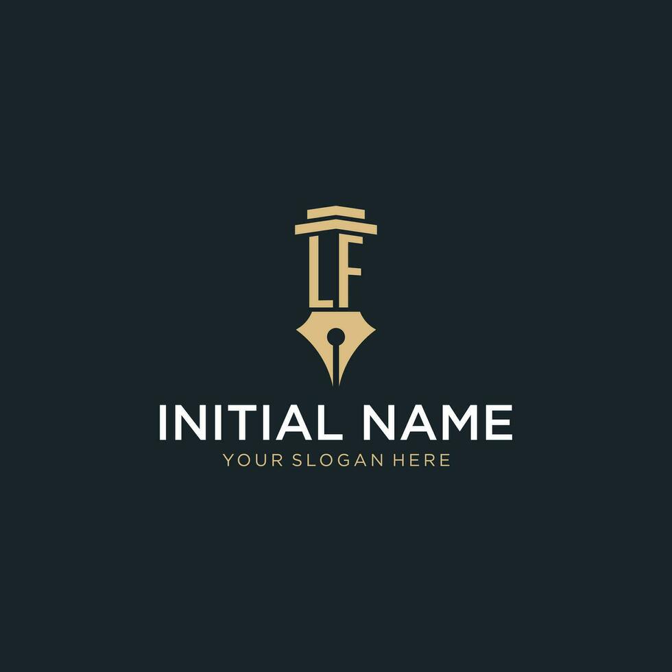 LF monogram initial logo with fountain pen and pillar style vector