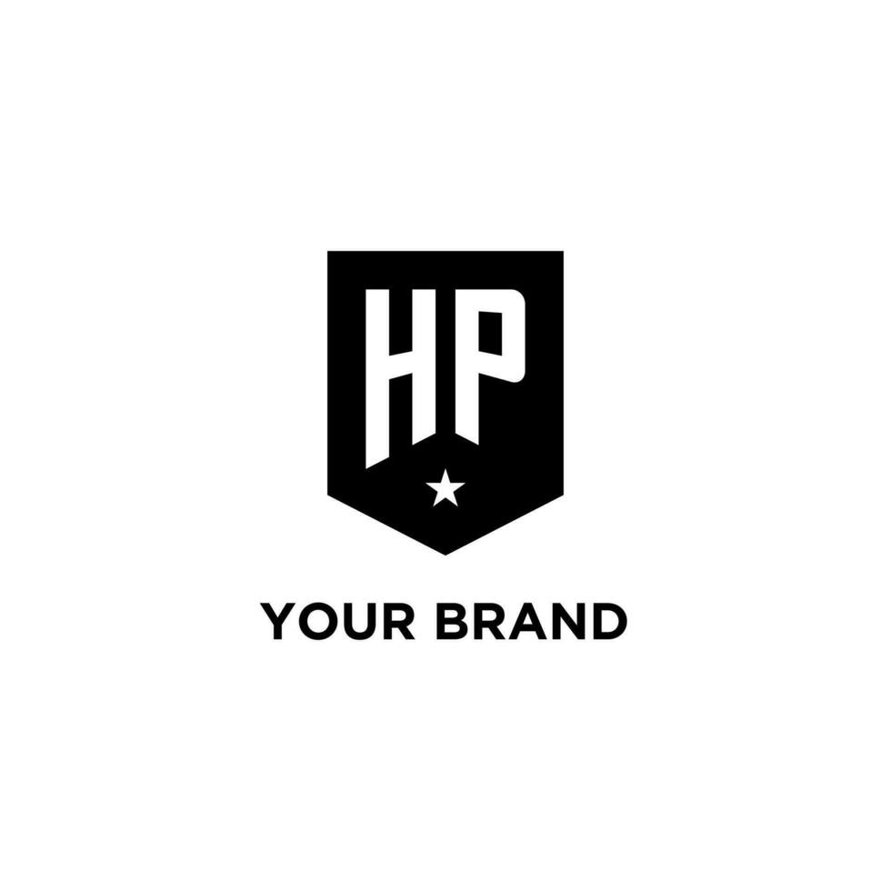 HP monogram initial logo with geometric shield and star icon design style vector