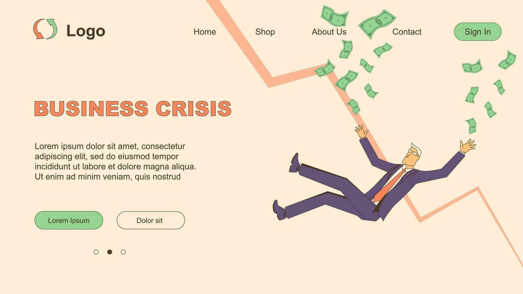 Business crisis. Businessman falls down on the chart, arrow down, money falls around vector