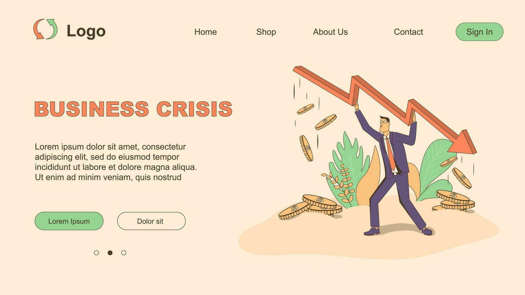 Business crisis. The businessman holds the arrow that goes down vector