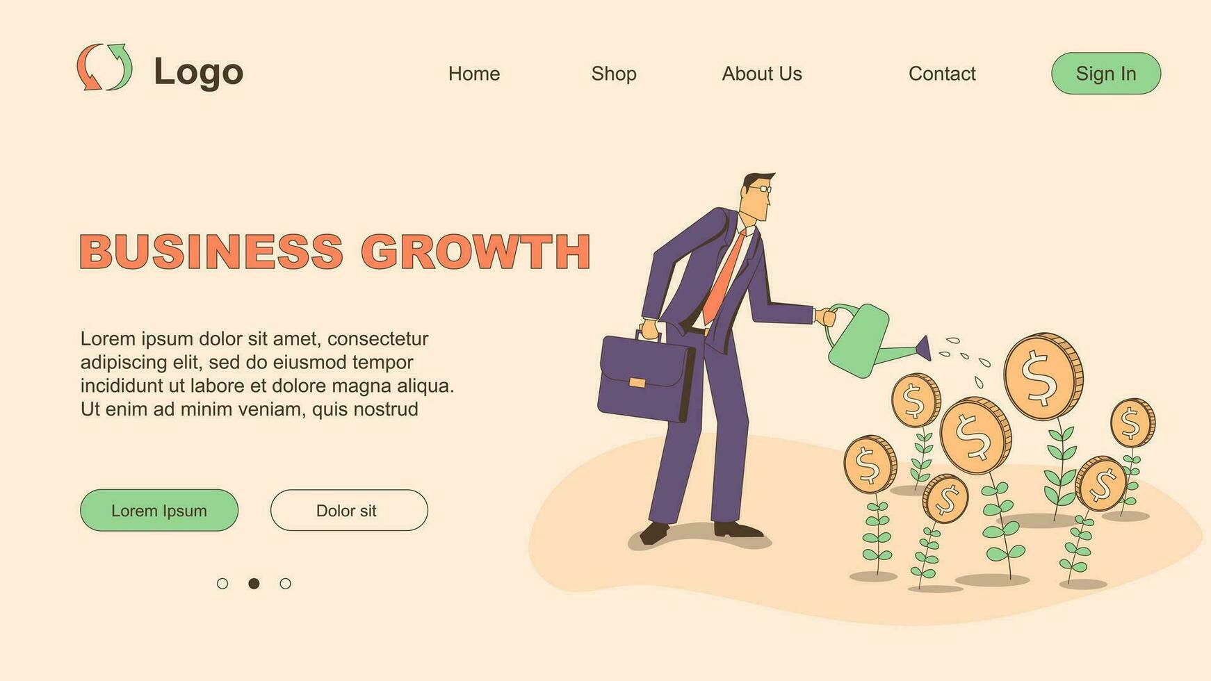 Business growth. Businessman watering money from a watering can vector