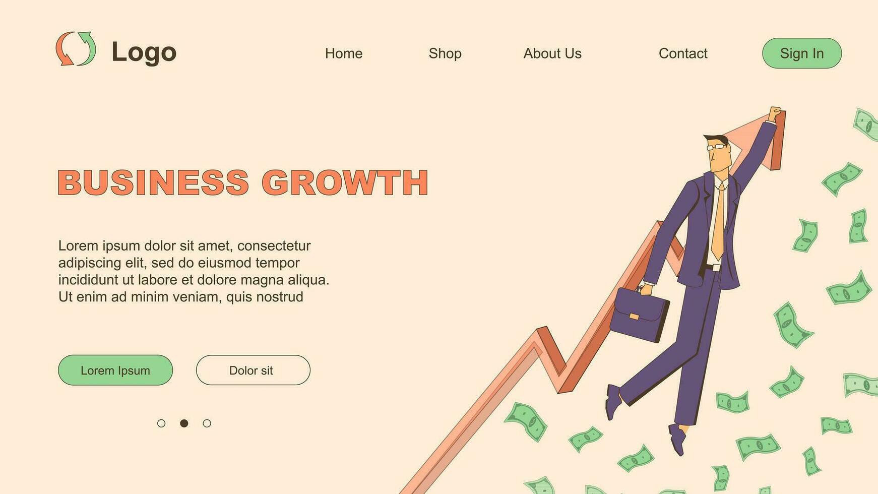 Business growth. The businessman holds onto the arrow and flies upwards, there is a lot of money around vector