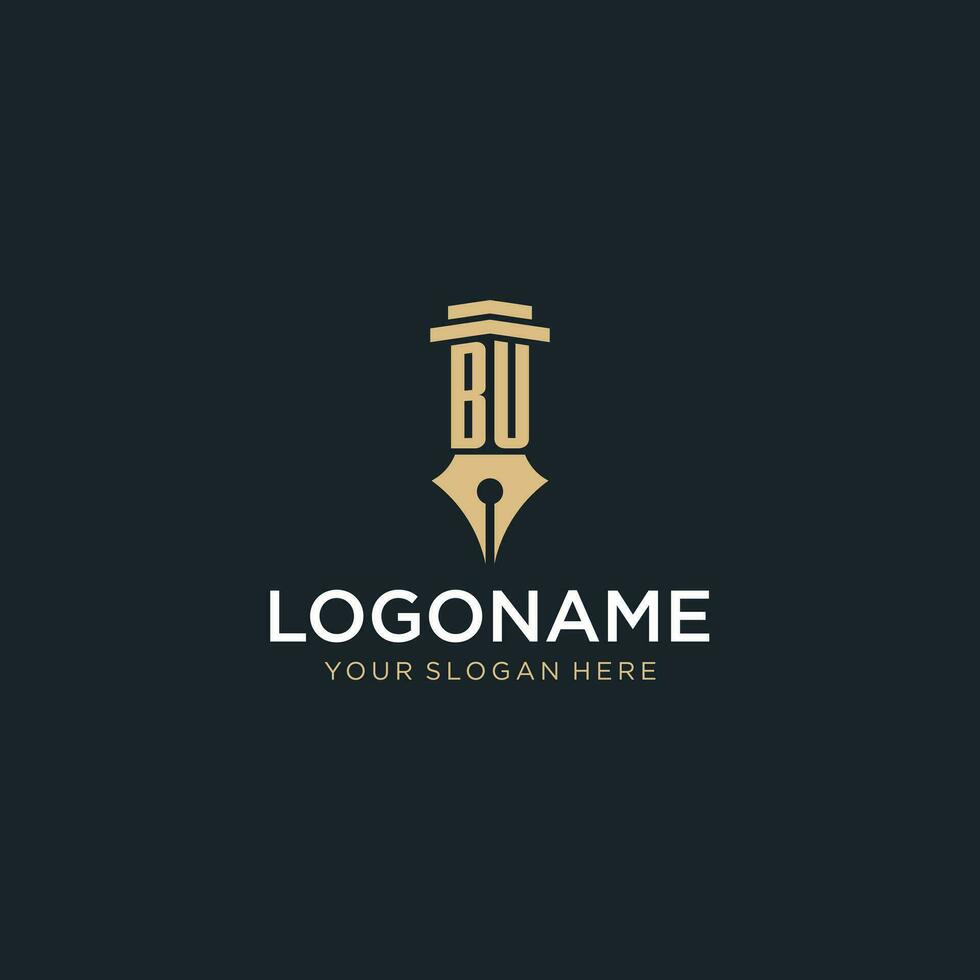 BU monogram initial logo with fountain pen and pillar style vector