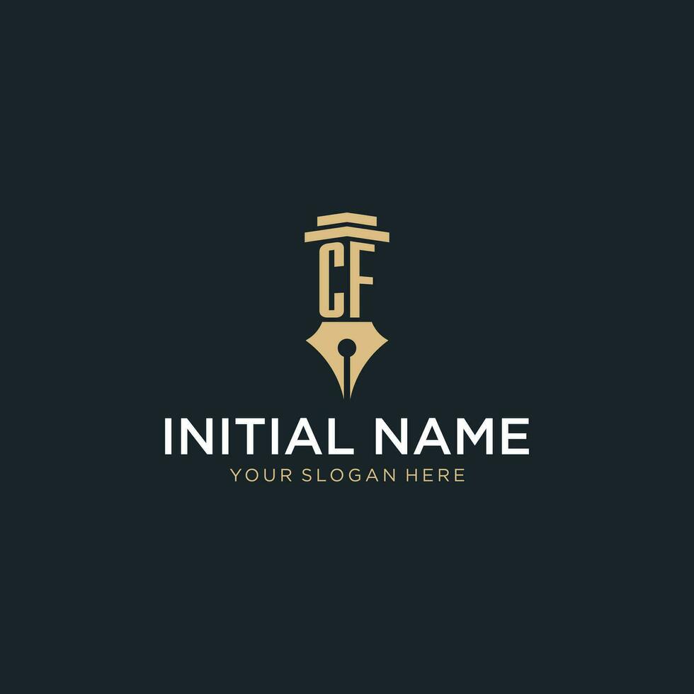 CF monogram initial logo with fountain pen and pillar style vector