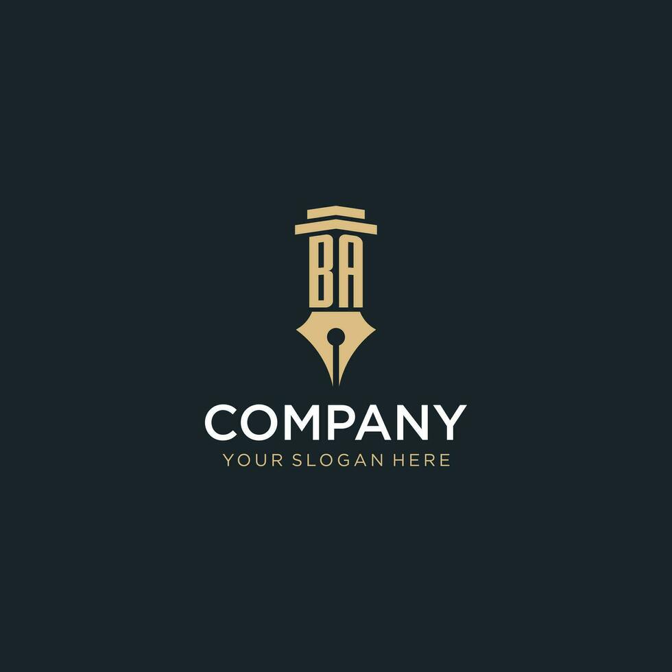 BA monogram initial logo with fountain pen and pillar style vector