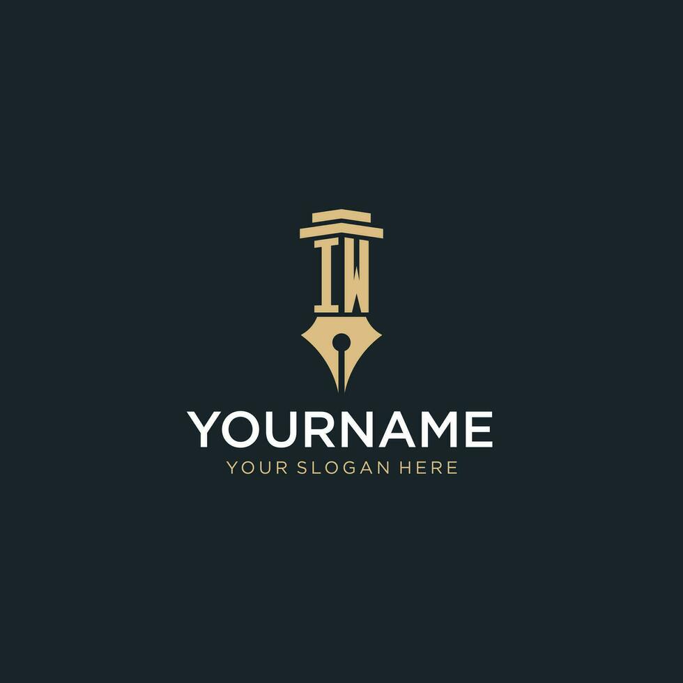 IW monogram initial logo with fountain pen and pillar style vector