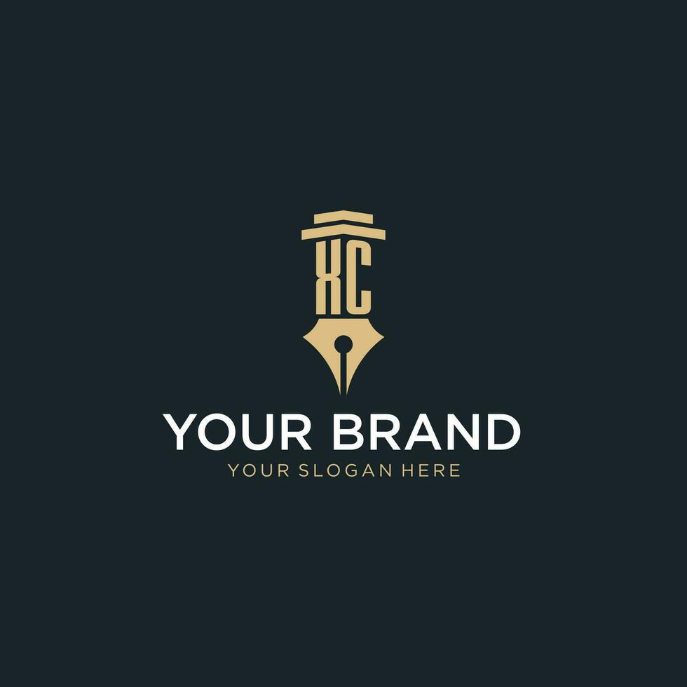 XC monogram initial logo with fountain pen and pillar style vector