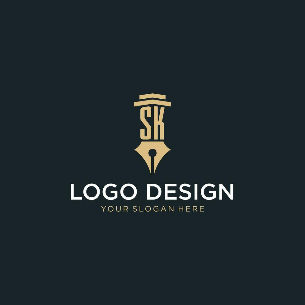 SK monogram initial logo with fountain pen and pillar style vector