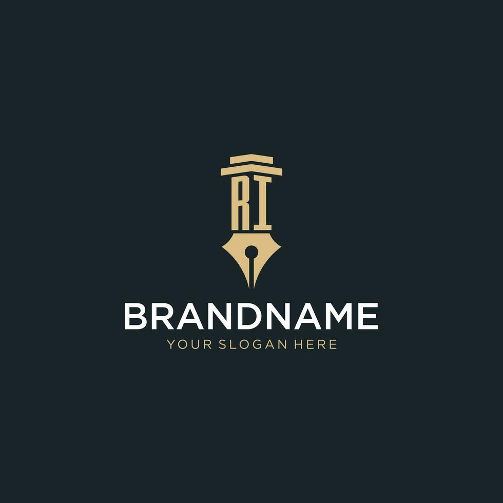 RI monogram initial logo with fountain pen and pillar style vector