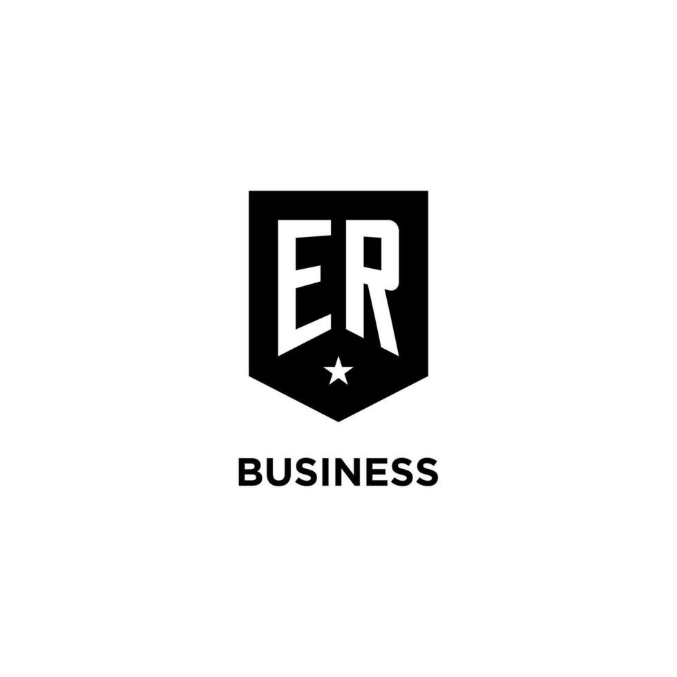 ER monogram initial logo with geometric shield and star icon design style vector