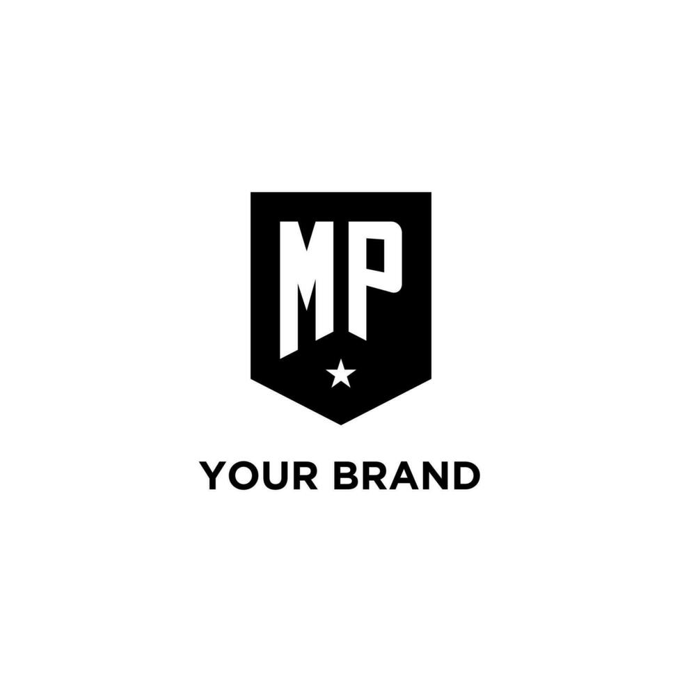 MP monogram initial logo with geometric shield and star icon design style vector