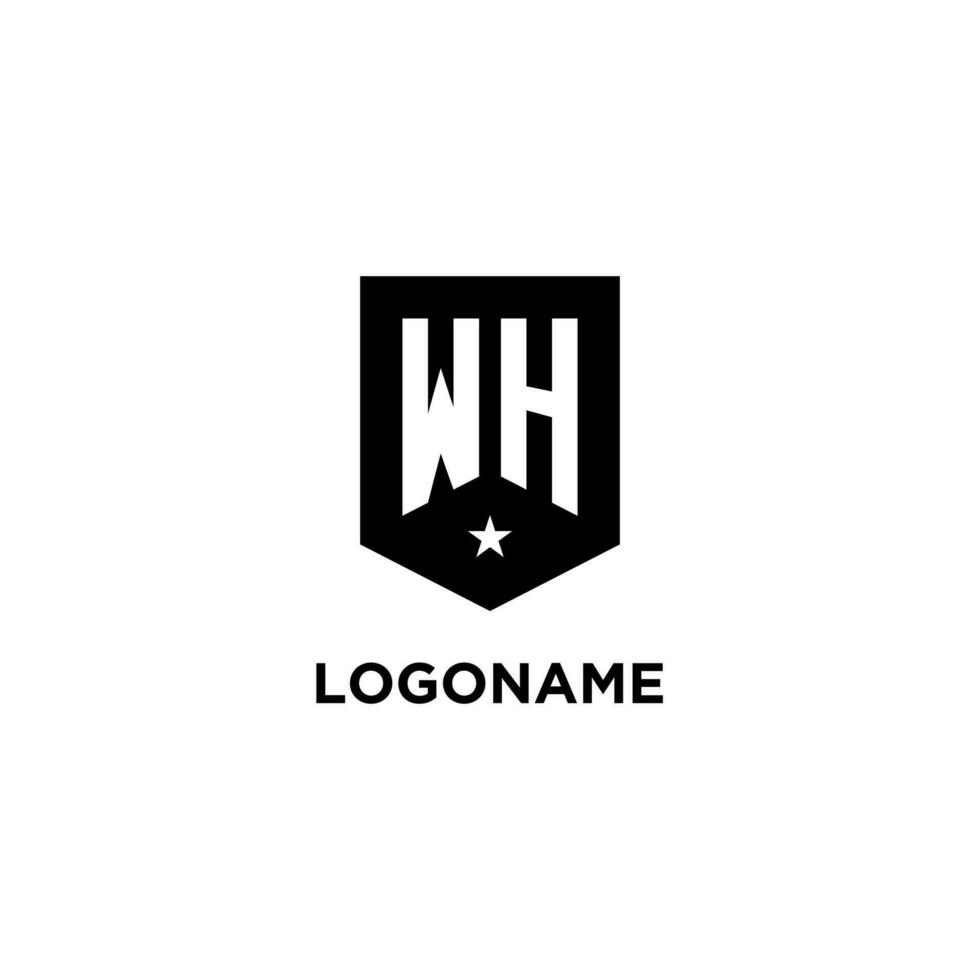 WH monogram initial logo with geometric shield and star icon design style vector