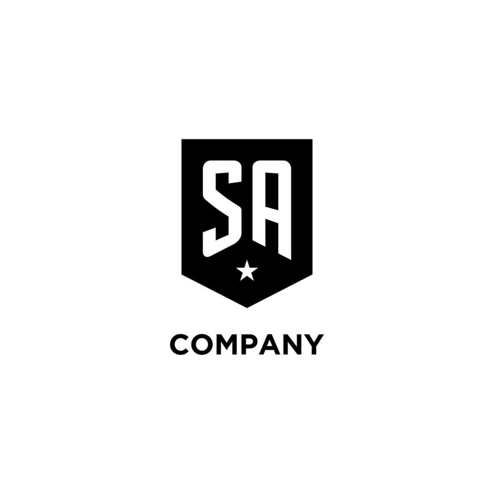 SA monogram initial logo with geometric shield and star icon design style vector