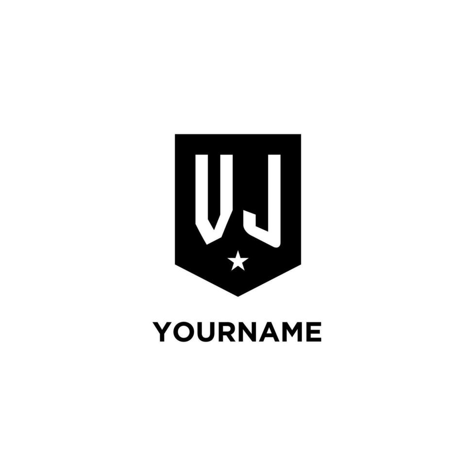 VJ monogram initial logo with geometric shield and star icon design style vector