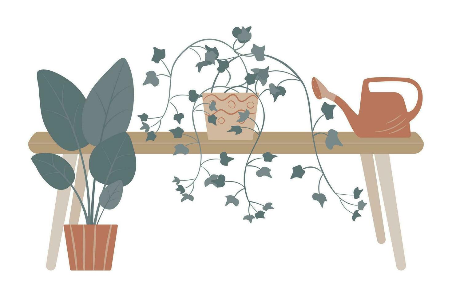 en conserva interior flores riego poder. mesa. estilizado plantas en un plano estilo. aislado en un blanco antecedentes. vector ilustración.