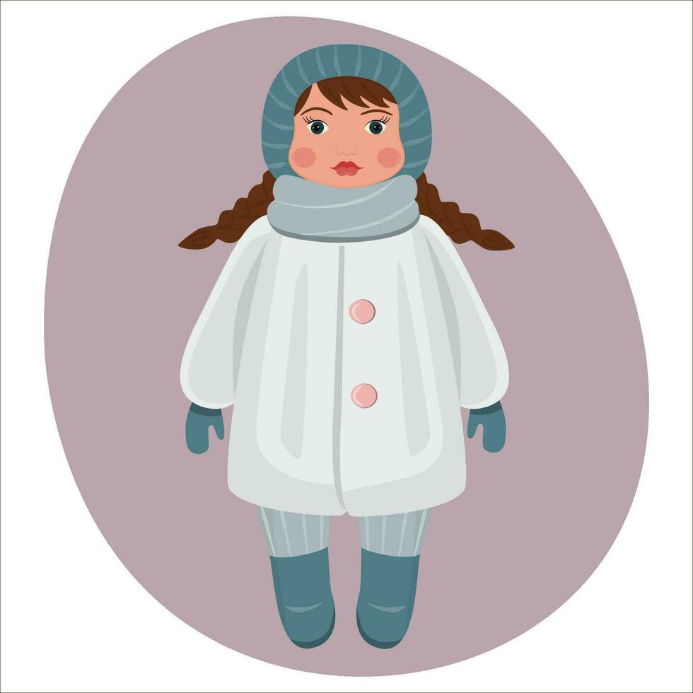 A doll with pigtails in a warm fur coat, a hat and felt boots. A retro-style toy. A little girl in winter clothes. Vector illustration.