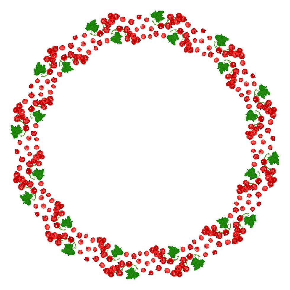 Round frame of red currant berries with green leaves. The concept of healthy eating. Ripe berries. Fruit picking. Vector illustration in a flat style.