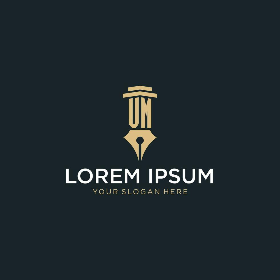 VM monogram initial logo with fountain pen and pillar style vector