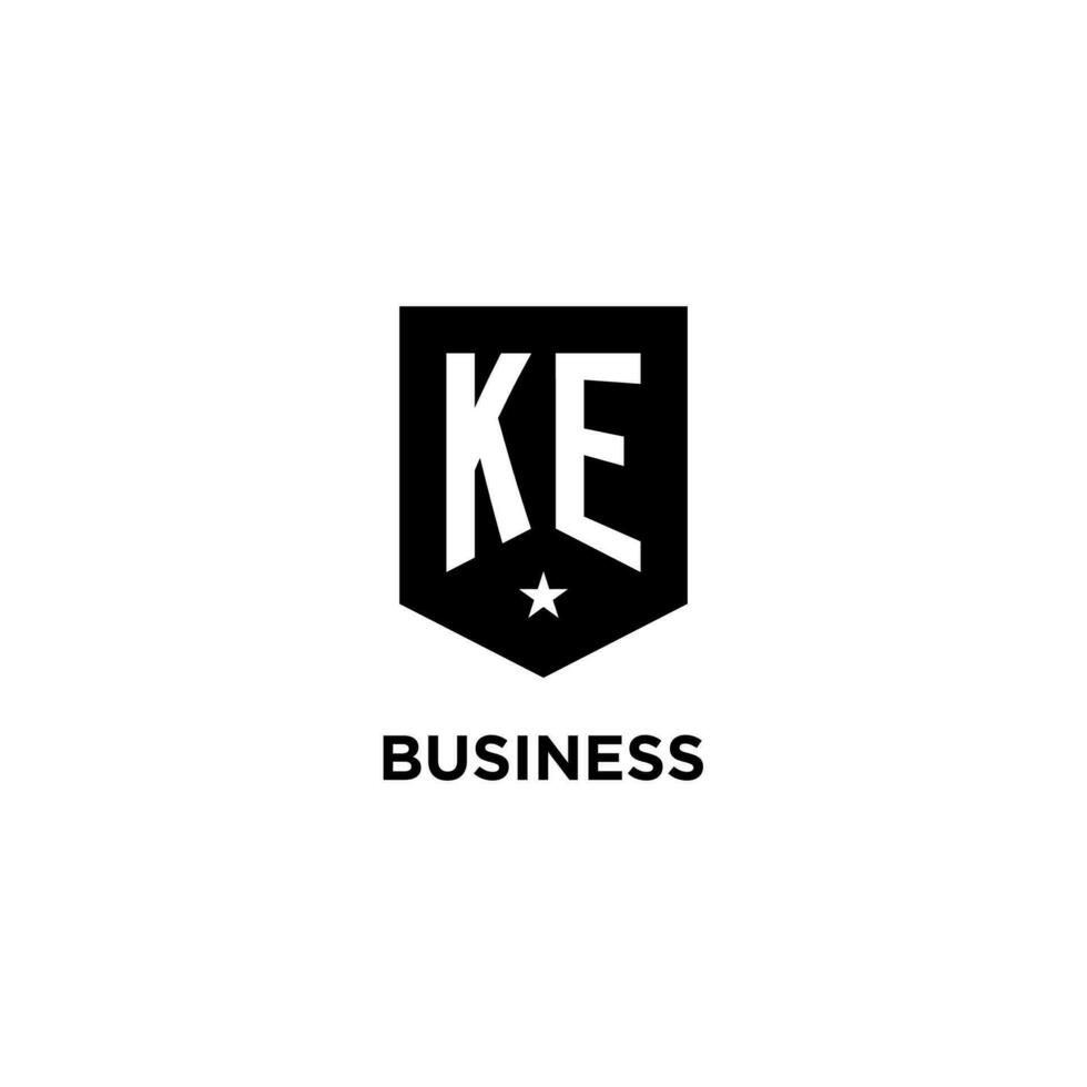 KE monogram initial logo with geometric shield and star icon design style vector