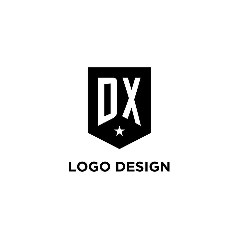 DX monogram initial logo with geometric shield and star icon design style vector