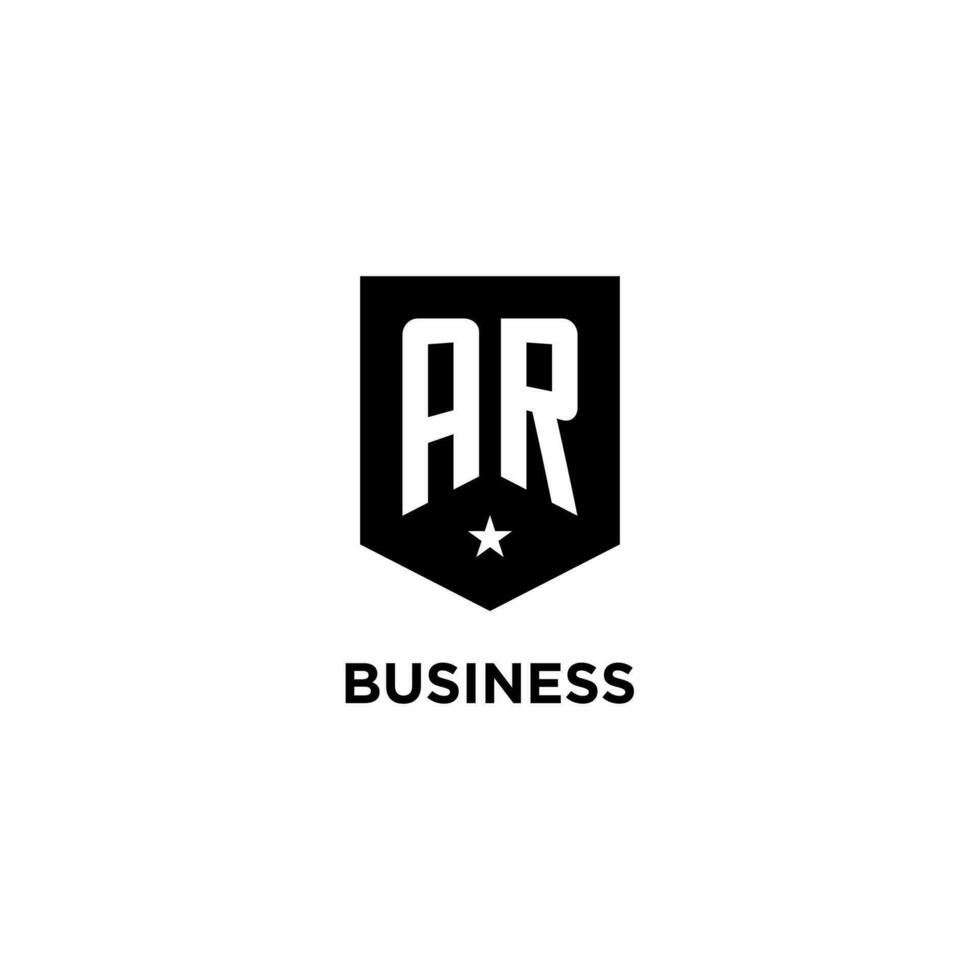 AR monogram initial logo with geometric shield and star icon design style vector