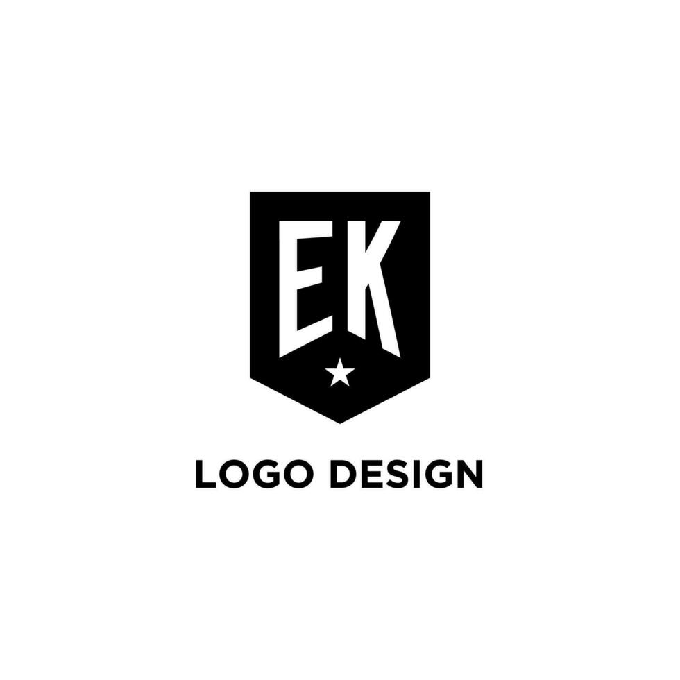 EK monogram initial logo with geometric shield and star icon design style vector