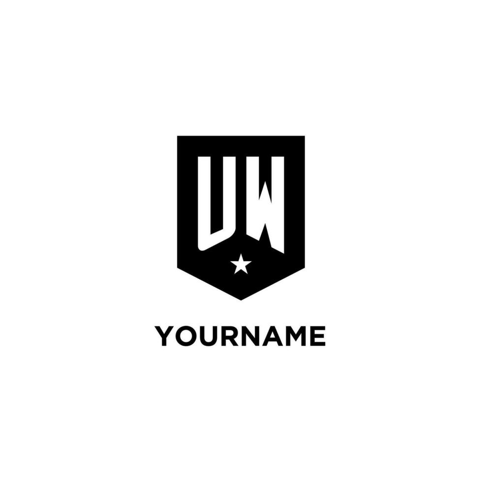 UW monogram initial logo with geometric shield and star icon design style vector