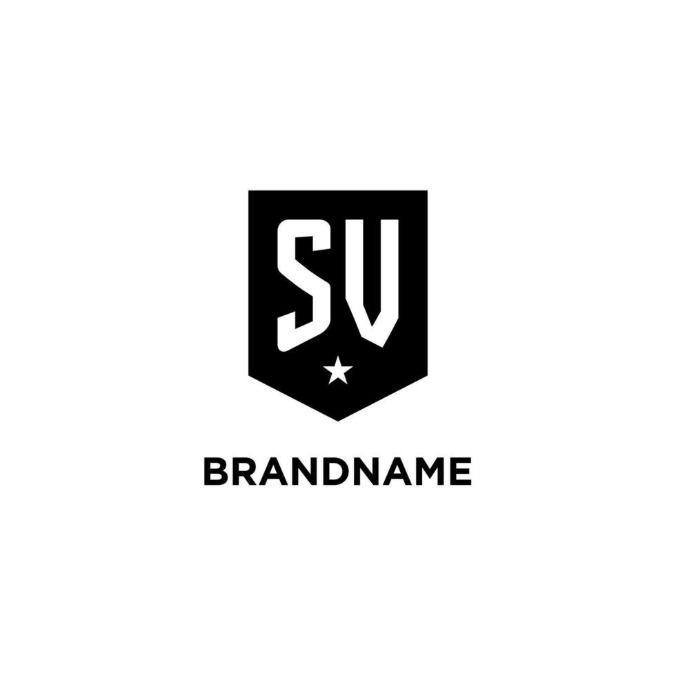 SV monogram initial logo with geometric shield and star icon design style vector