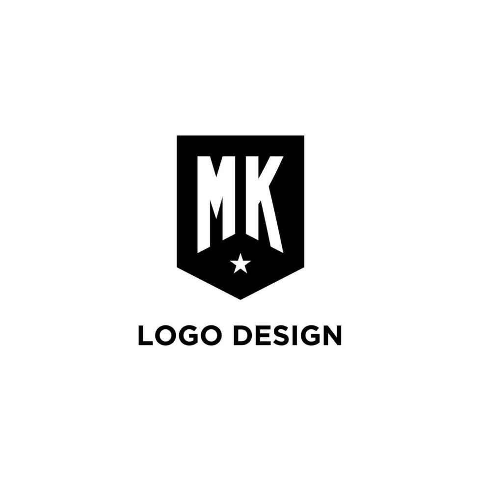 MK monogram initial logo with geometric shield and star icon design style vector