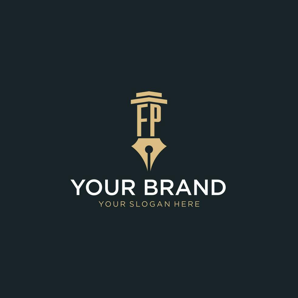 FP monogram initial logo with fountain pen and pillar style vector