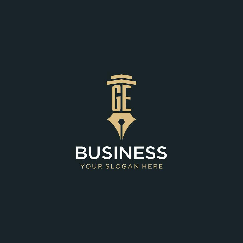 GE monogram initial logo with fountain pen and pillar style vector