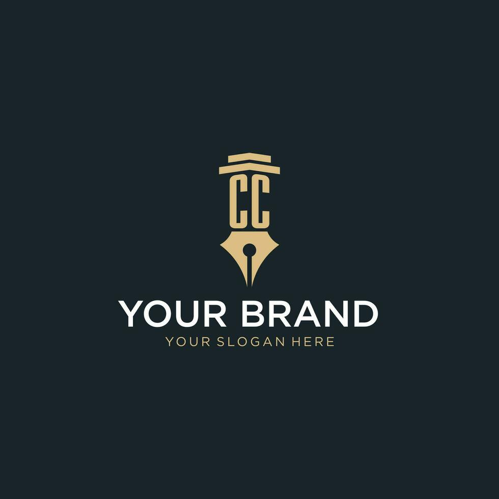 CC monogram initial logo with fountain pen and pillar style vector
