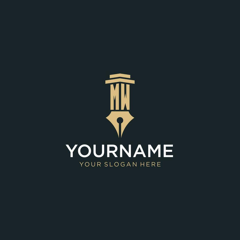 MW monogram initial logo with fountain pen and pillar style vector