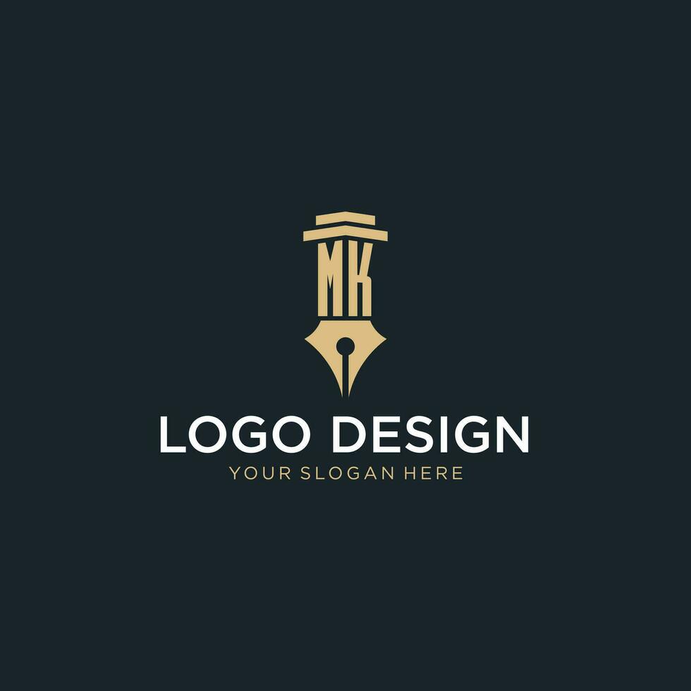 MK monogram initial logo with fountain pen and pillar style vector